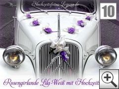 Hochzeitsauto Blumenschmuck Beispiel 10 - Rosengirlande Girlande Tauben & Rosen mit lila Blten