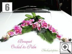 Hochzeitsauto Blumenschmuck Beispiel 6 - Bouquet exotische Lila Orchideen Blumenschuck mit Palmblttern