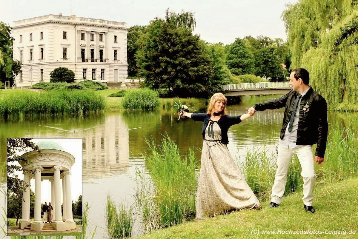 Hochzeitsfotoshooting am Tempel mit Brautpaar im Park am Wei�en Haus Markkleeberg